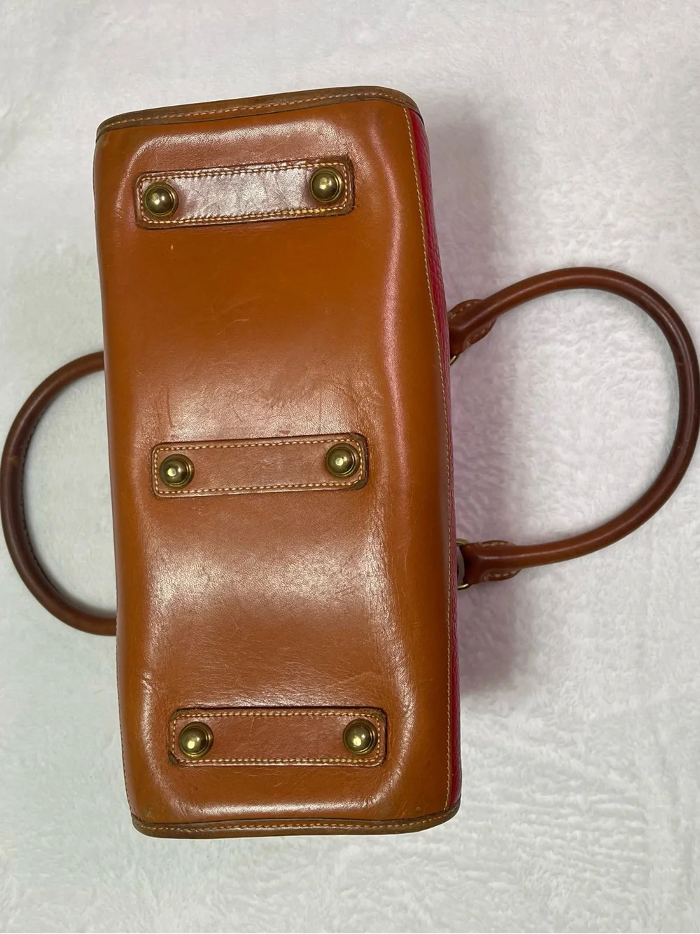 Dooney & Bourke Trio Red Leather Satchel, Wallet, Keychain Vintage Tan Trim FLAW